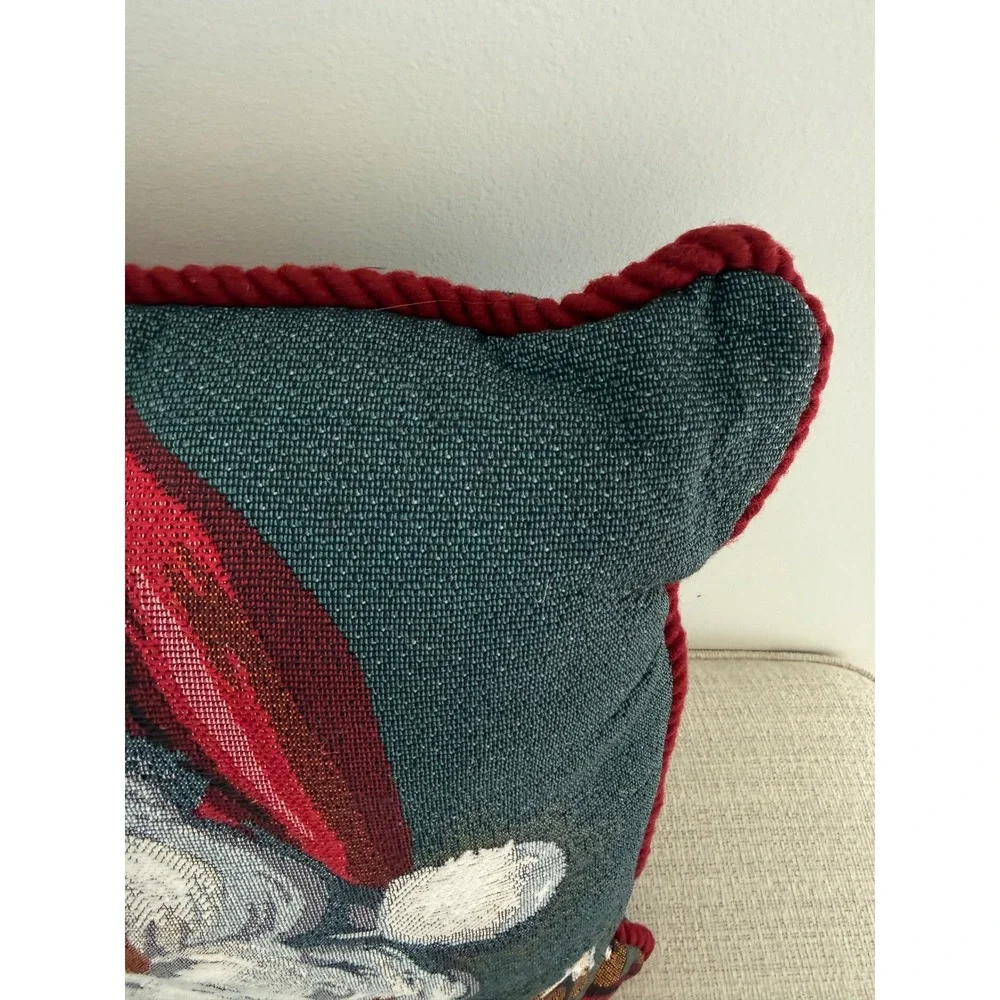 Santa Claus Tapestry‎ Textured Christmas 2 Sided Pillow Red Cord Trim 17x17